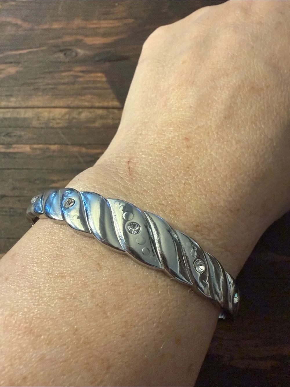 Silver 316L Stainless Steel Twisted Bangle Bracelet with Rhinestones